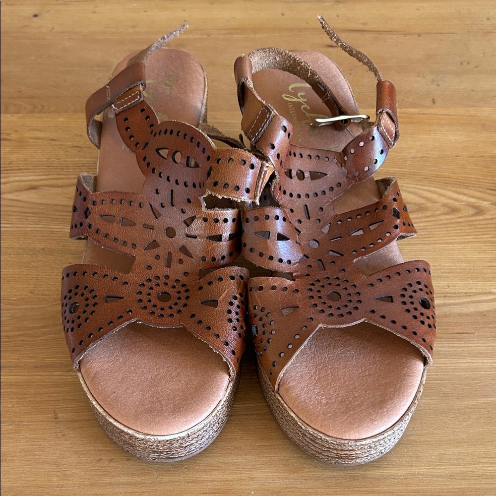 Madden Girl Cognac Brown Laser-Cut Espadrille Wedge Sandals